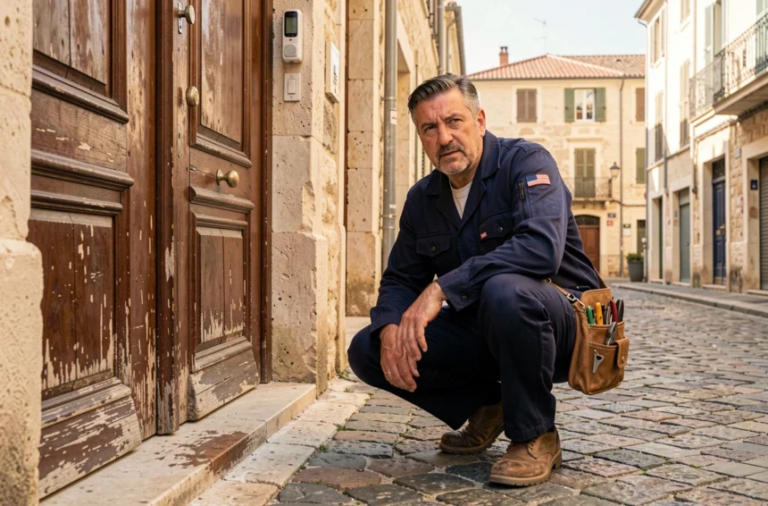 Serrurier professionnel au travail devant une porte ancienne dans une rue de Marseille, vue grand angle de la ville