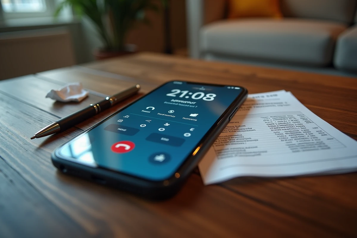 Smartphone affichant le coût d'un appel surtaxé 118 712 posé sur une table avec une facture papier