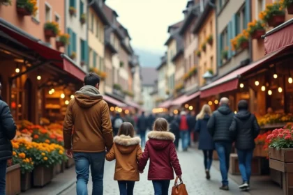 Famille avec enfants explorant un marché de village alsacien avec maisons à colombages et bacs de fleurs colorés