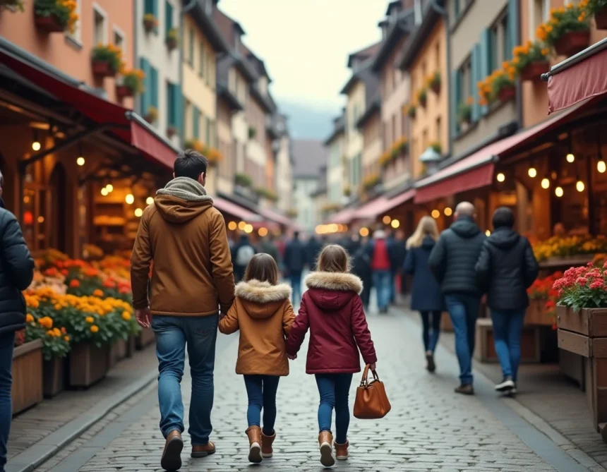 Famille avec enfants explorant un marché de village alsacien avec maisons à colombages et bacs de fleurs colorés