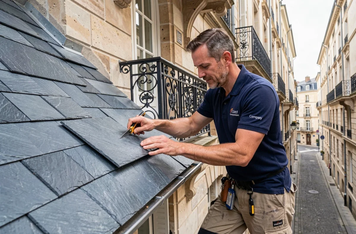 Couvreur de Style Toit ajustant des ardoises naturelles sur une maison de ville rénovée à Lunéville