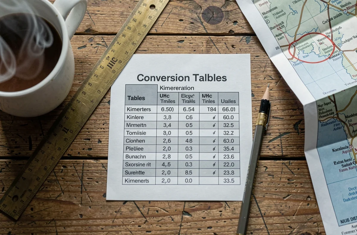Vue de dessus d'un bureau avec un tableau de conversion kilomètres-miles imprimé, une règle et une carte routière