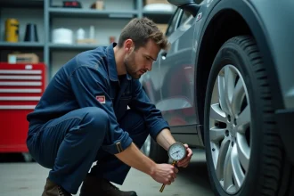 Technicien automobile vérifiant la pression des pneus en psi avec un manomètre analogique dans un atelier de mécanique professionnel