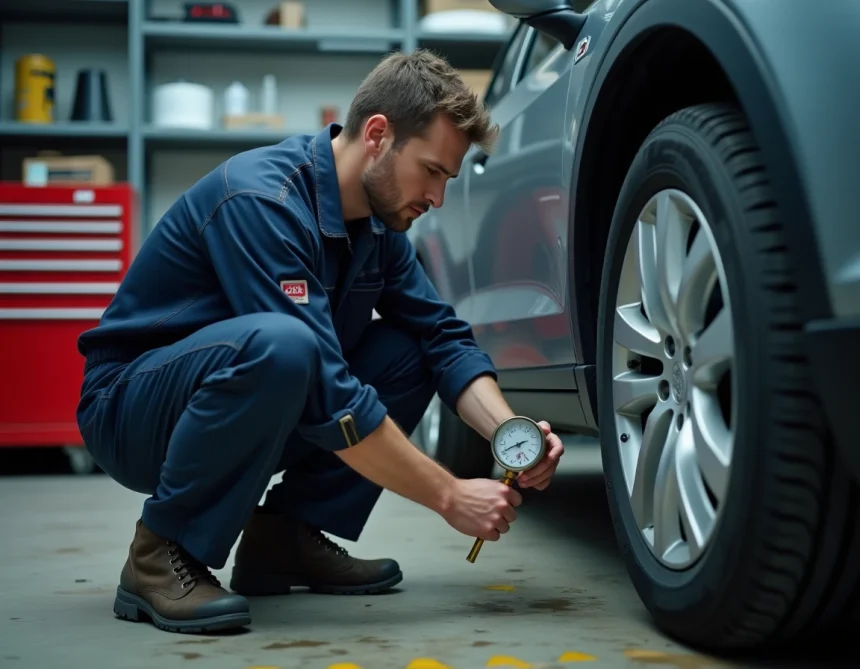 Technicien automobile vérifiant la pression des pneus en psi avec un manomètre analogique dans un atelier de mécanique professionnel