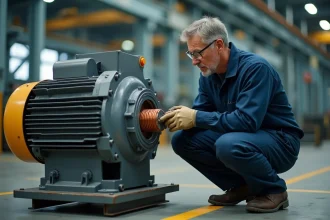 Technicien industriel inspectant un moteur synchrone monté sur un châssis métallique dans une usine