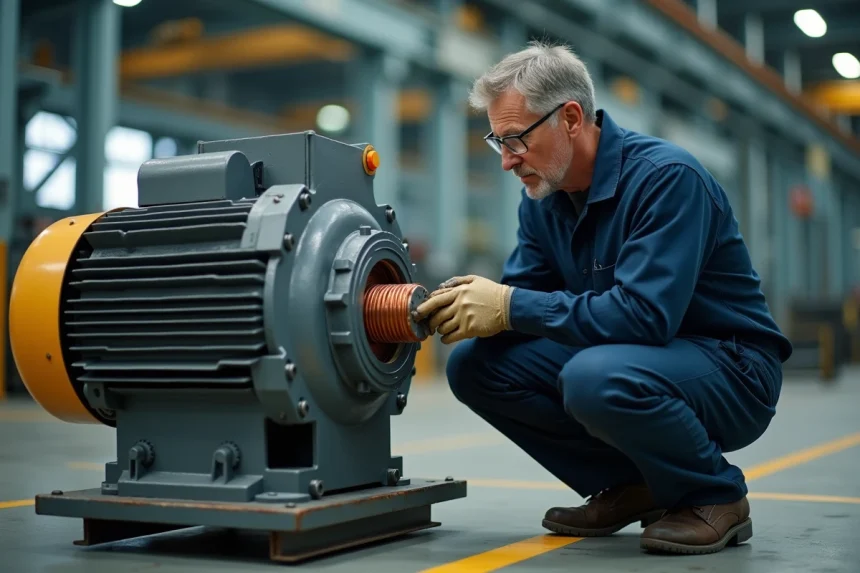 Technicien industriel inspectant un moteur synchrone monté sur un châssis métallique dans une usine
