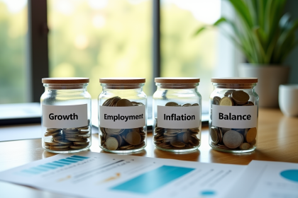 Tirelires économiques avec pièces colorées sur un bureau moderne