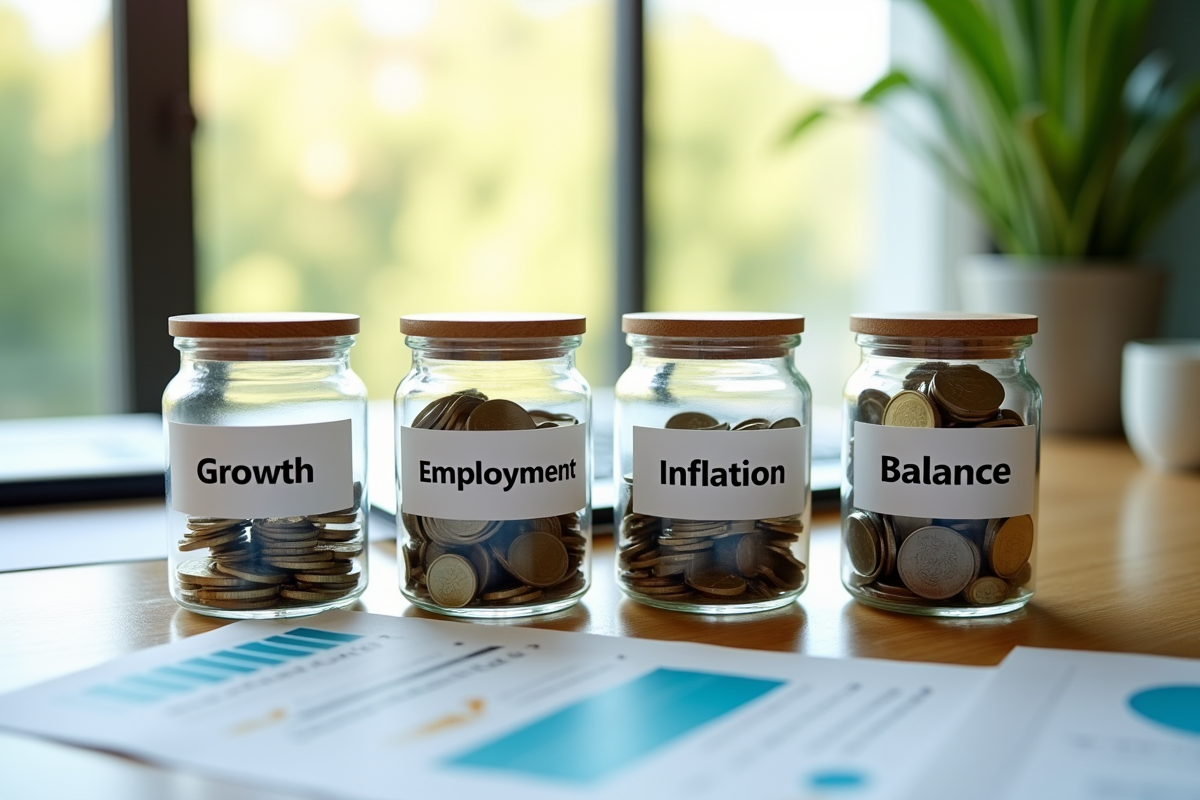 Tirelires économiques avec pièces colorées sur un bureau moderne
