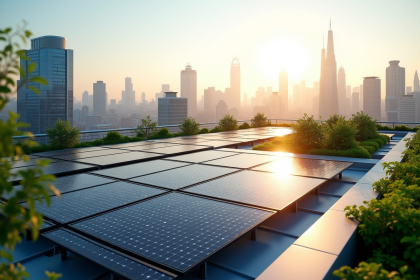 Toit urbain moderne avec panneaux solaires colorés et verts