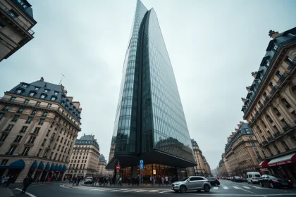 Vue extérieure de la Tour Montparnasse à Paris avec signalisation de stationnement au premier plan