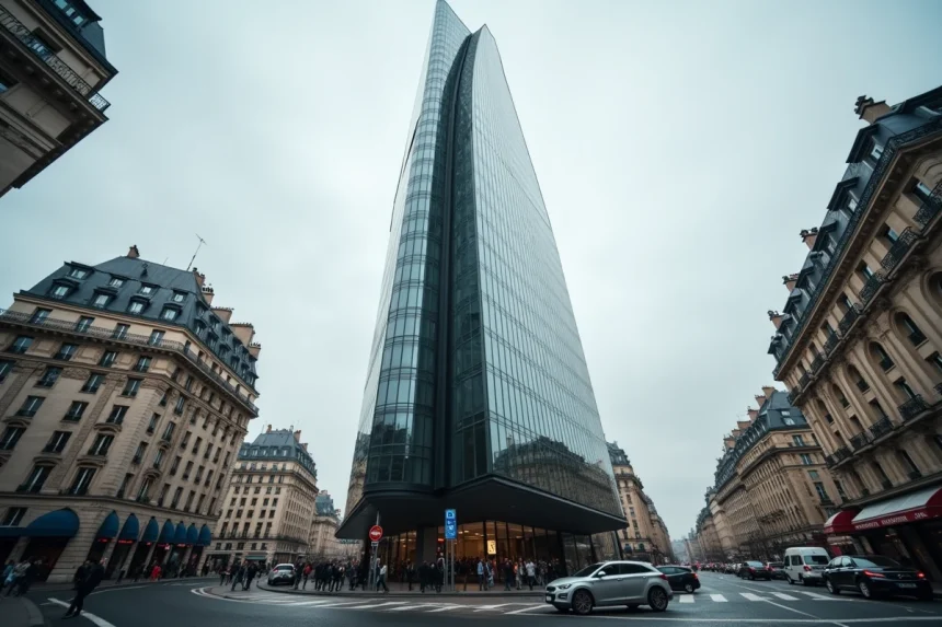 Vue extérieure de la Tour Montparnasse à Paris avec signalisation de stationnement au premier plan