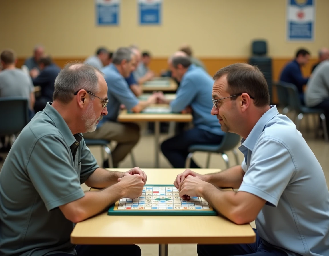 Deux joueurs adultes en compétition lors d'un tournoi de Scrabble duplicate dans une salle associative