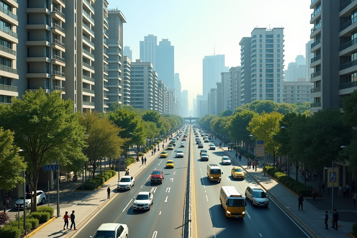 Circulation intense et constructions en périphérie urbaine