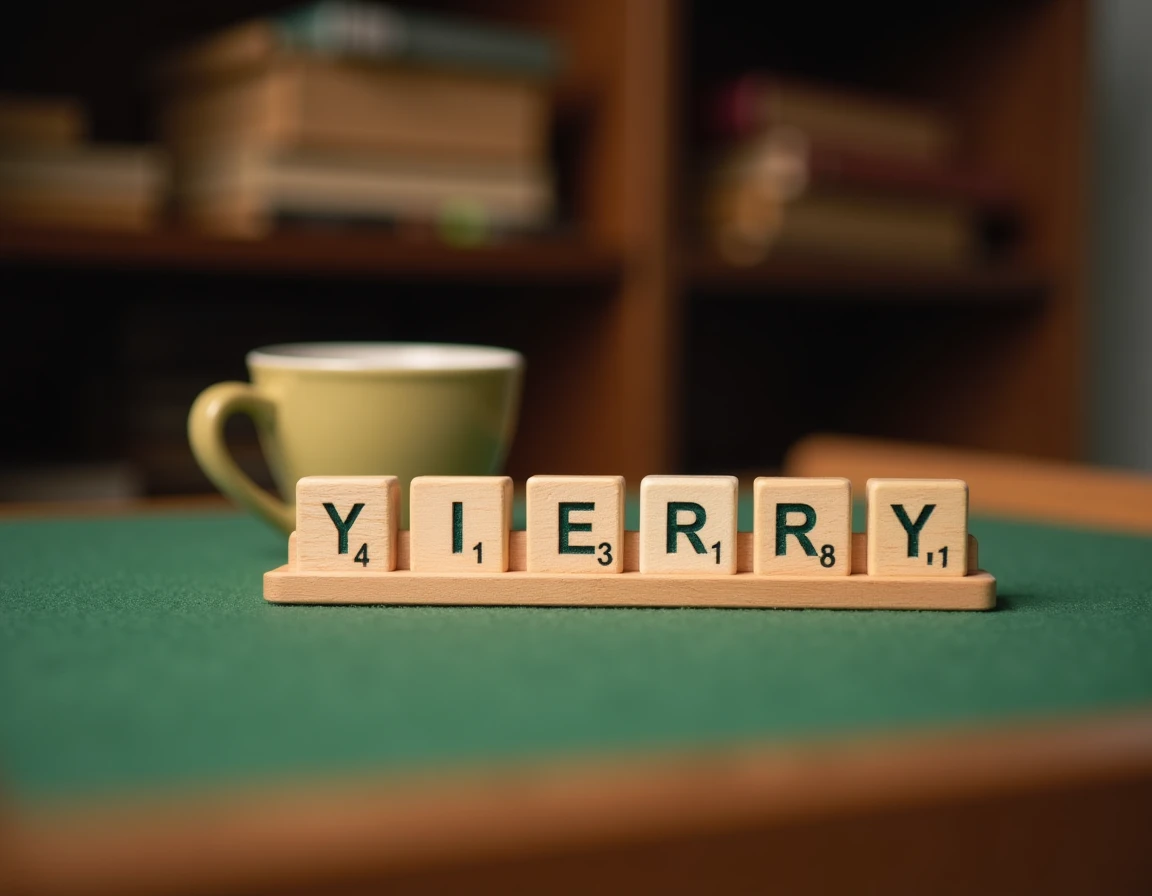 Gros plan sur un chevalet de Scrabble avec les lettres Y et E bien visibles sur un plateau en feutrine verte