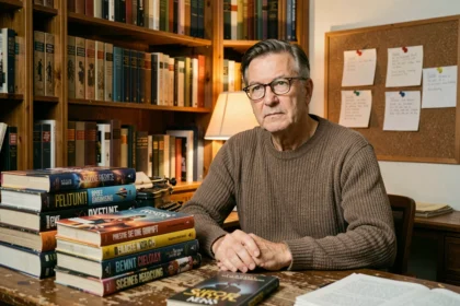Homme pensif entouré de romans de science-fiction d'Isaac Asimov dans une bibliothèque vintage, illustrant l'univers littéraire du célèbre auteur