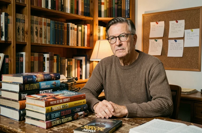 Homme pensif entouré de romans de science-fiction d'Isaac Asimov dans une bibliothèque vintage, illustrant l'univers littéraire du célèbre auteur