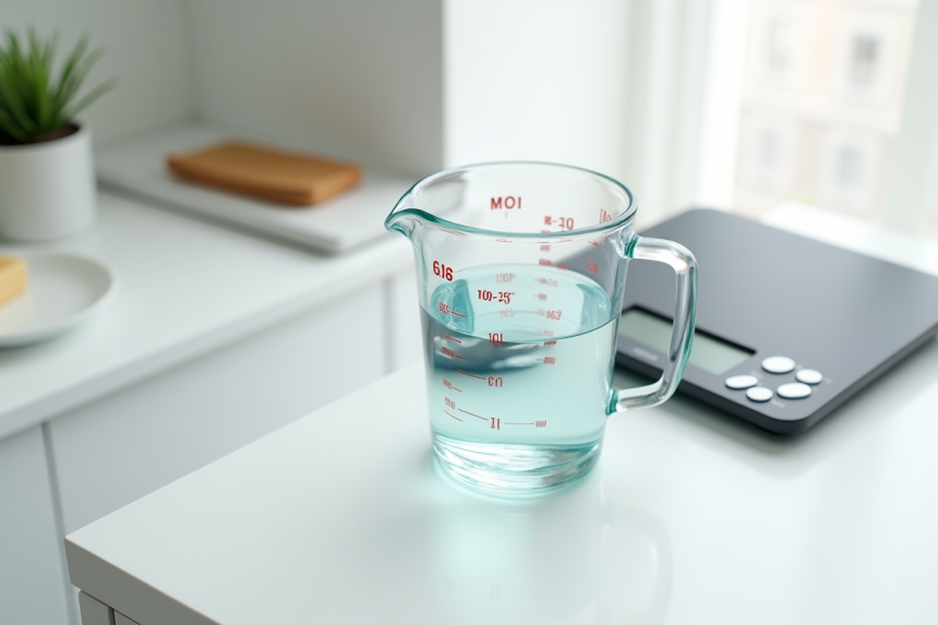 Verre mesureur rempli d'eau sur plan de travail lumineux