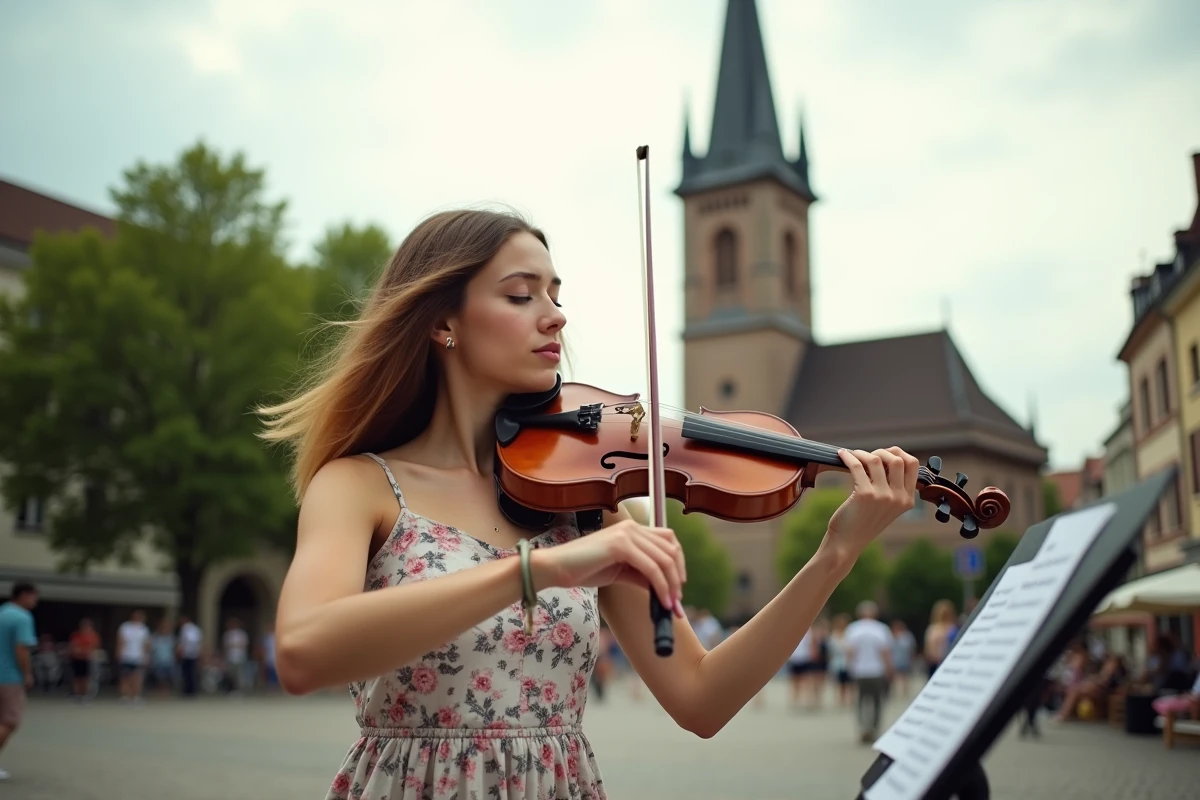 Violoniste jouant en plein air place de la Cathédrale de Strasbourg lors de la Fête de la Musique avec la flèche de la cathédrale en arrière-plan