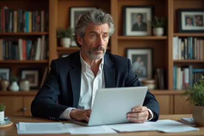 Producteur de cinéma d'une cinquantaine d'années travaillant dans son bureau à domicile entouré de scripts et de photos de famille