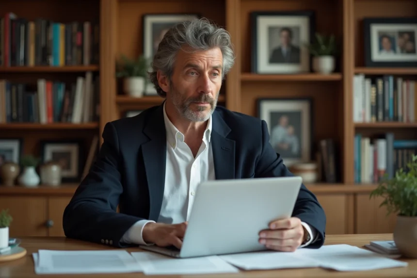 Producteur de cinéma d'une cinquantaine d'années travaillant dans son bureau à domicile entouré de scripts et de photos de famille