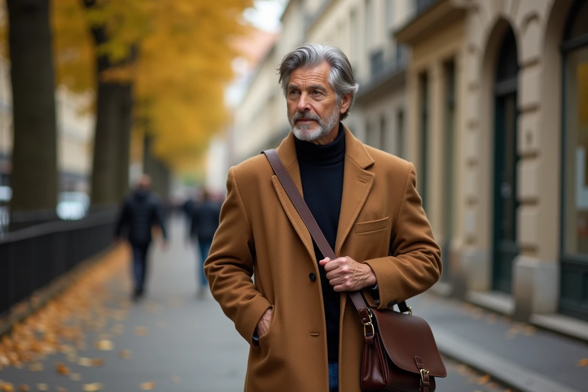 Homme élégant marchant dans une rue parisienne en automne portant un manteau camel et un sac en cuir, atmosphère éditoriale