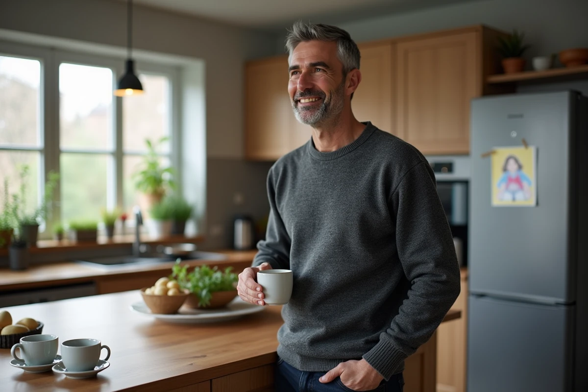 Homme mûr détendu préparant du café dans une cuisine familiale moderne avec des détails du quotidien en arrière-plan