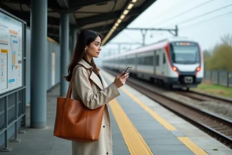 Voyageuse consultant une carte RER sur un quai de banlieue parisienne avec un train en approche