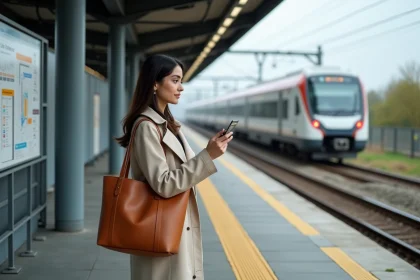 Voyageuse consultant une carte RER sur un quai de banlieue parisienne avec un train en approche